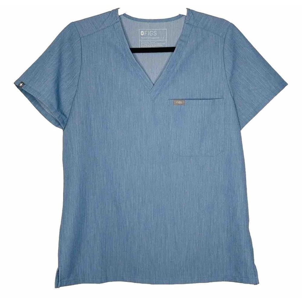 Figs Denim Blue Catarina VNeck Split Hem Short Sleeve Top S